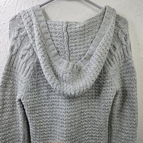 Old Navy Y2k Hooded Sweater Gray Lambswool Rabbit Hair Preppy Chunky Cable Knit - Picture 6 of 13